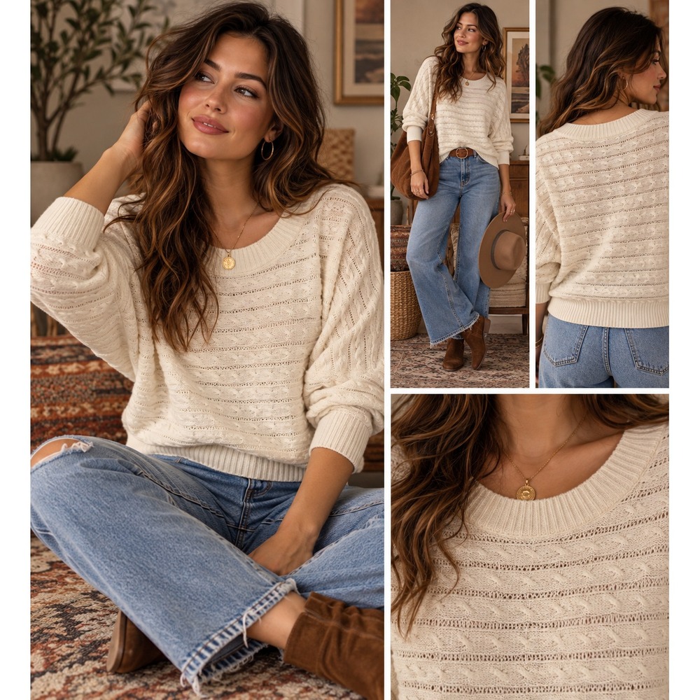 American Eagle Horizontal Cable Open Knit Sweater Large Cream Dolman Wool Blend